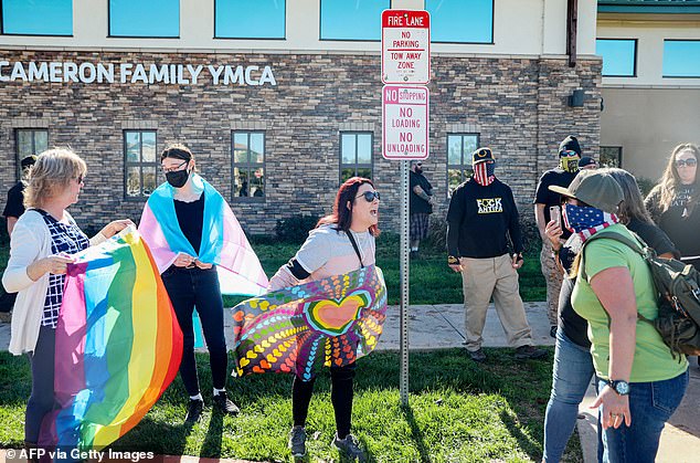 Transgender rights activists have tried to silence conservative voices on American college campuses. Pictured: A gender-based protest in San Diego, California