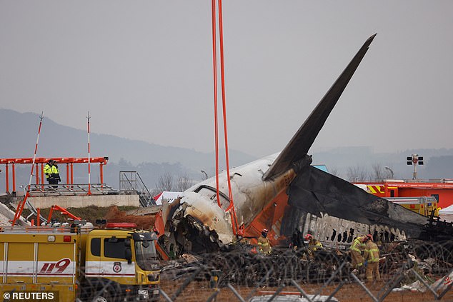 People stand as the remains of a plane lying on the ground after it skidded off the runway and crashed at Muan International Airport in Muan, South Korea, on December 30.