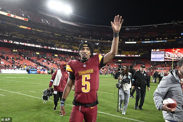 In overtime, Commanders quarterback Jayden Daniels single-handedly won the team the game.