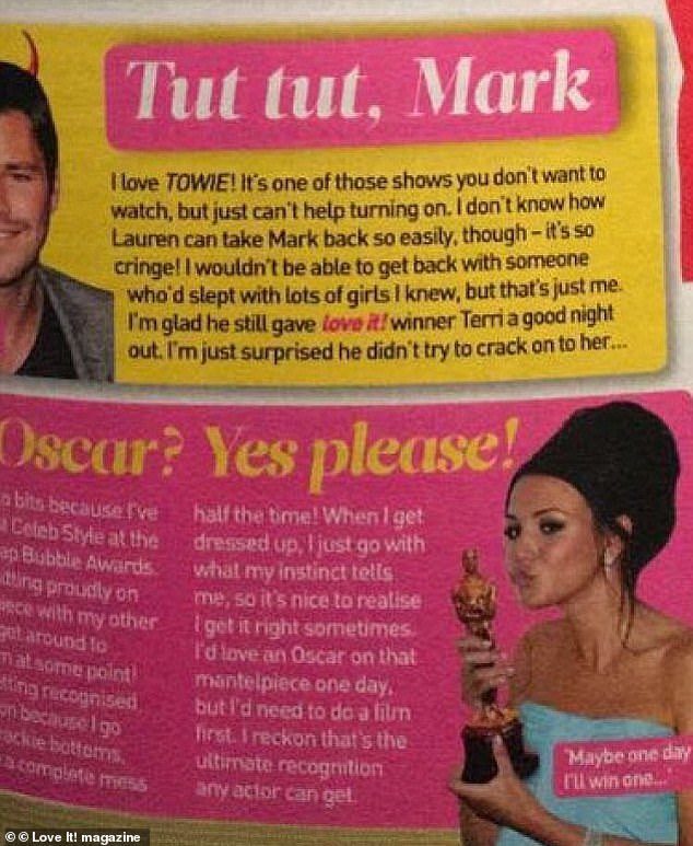 In a section of his recently resurfaced Love It! magazine column, titled 'Tut Tut, Mark,' the then 24-year-old star conveyed some uncomplimentary opinions about her future husband.