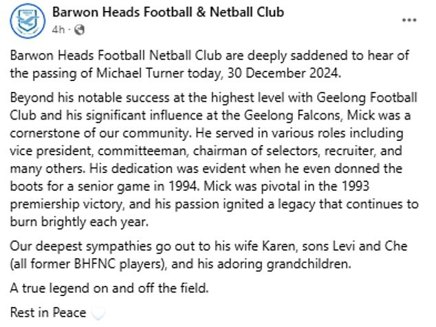 Barwon Heads Football and Netball Club sent its condolences to his wife Karen and his children.