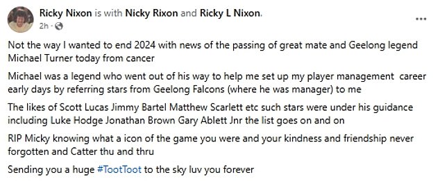 Former AFL star Ricky Nixon also paid tribute to Turner, praising him as a great coach for younger stars.