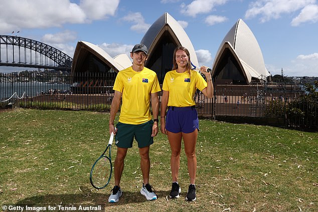 Alex de Minaur, pictured with teammate Olivia Gadecki, could face his new fiancée on the pitch on New Year's Day when Great Britain plays Australia in the United Cup in Sydney.