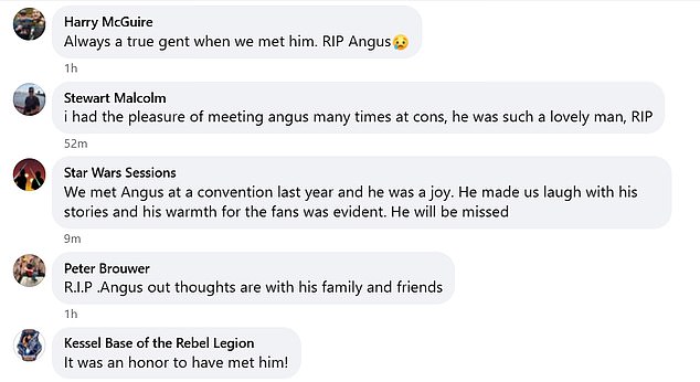 Fans and friends of Angus rushed to the comments to send their condolences and share memories of their encounter with the Star Wars icon following the sad news.