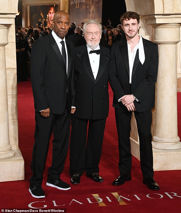 Gladiator II director Sir Ridley Scott (centre), pictured with Irish Gladiator II actor Paul Mescal and Denzel Washington (left), has been branded a 