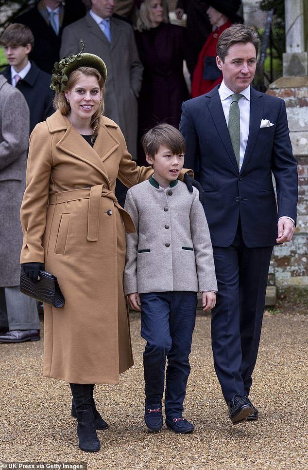 Princess Beatrice, State Councilor and Edoardo Mapelli Mozzi with Christopher Woolf attend the Christmas morning service at St. Mary Magdalene Church on December 25, 2024