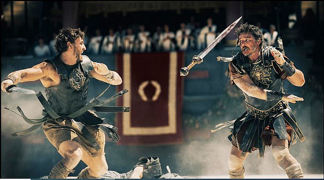 Paul Mescal (left) and Pedro Pascal (right) in Gladiator II. Andrew Neil complains that every time someone pours a glass of wine in the movie, the words 