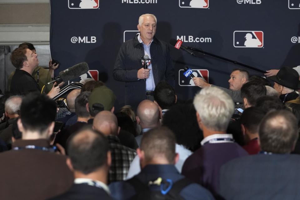 Joel Wolfe, agent for Japanese player Roki Sasaki, speaks to reporters at the MLB winter meetings on December 10.