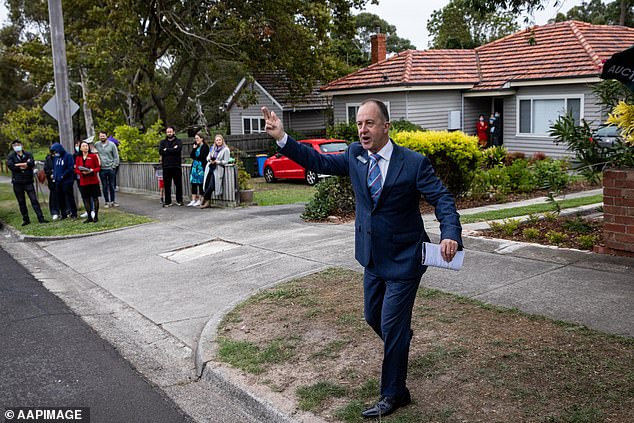 This was the best year since 2021, when Reserve Bank interest rates were still at a record low of 0.1 per cent, and the Australian stock market hit a record high in early December (pictured, an auctioneer at a property in Melbourne).