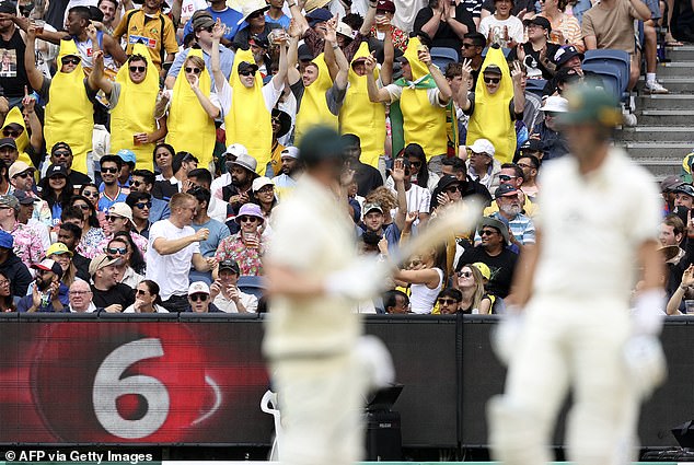 A group of fans dressed as bananas also enjoyed the atmosphere inside the iconic cricket stadium as Australia cruised to a 184-run victory against India.