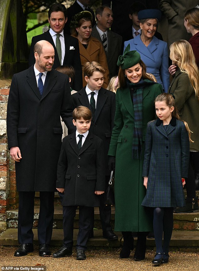 Picture perfect! The Prince and Princess of Wales with their three children, Prince Louis, six, and Princess Charlotte, nine, with Prince George, 11, looking after their younger siblings.