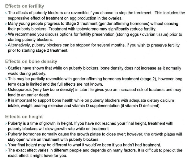 The fact sheet also warns that puberty blockers will slow growth and, as a result, 