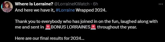 Impressively, Wrapped showed that the most episodes Lorraine hosted in a row was just eight, leaving fans in hysterics.