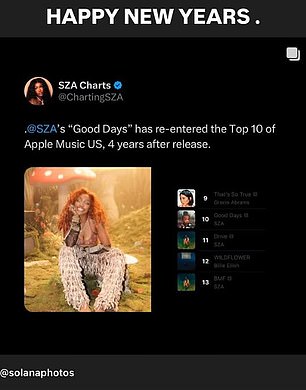 SZA also revealed that her song Good Days had 'returned to the Apple Music US Top 10, 4 years after its release.'