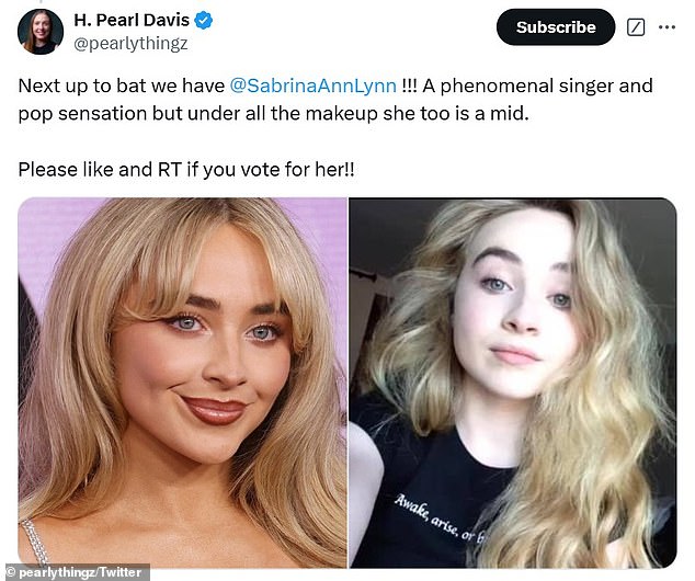 She nominated her for the catfish of the year award, along with Sydney Sweeney and Paige Spiranac