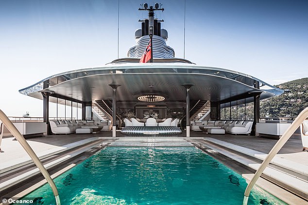 Kaos' impressive features continue with a helipad, 12-person cinema room, massage room, hammam and gym. Pictured: A pool atop the 361-foot, $300 million ship.