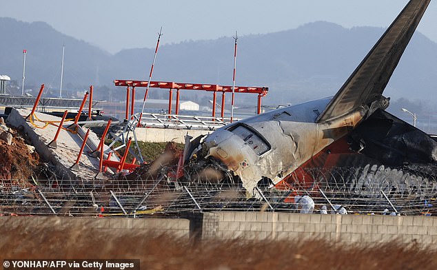 A section of the wall where a Jeju Air Boeing 737-800 series plane crashed and burst into flames.