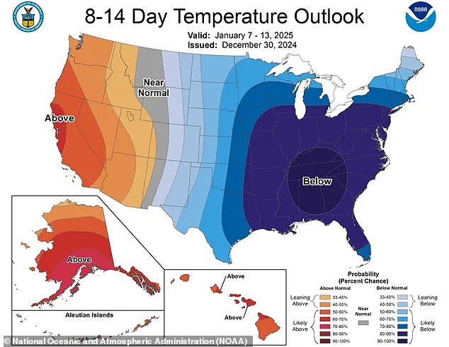 The Arctic blast could even mean snow for Orlando, which would be the first time the area would see flurries since a modest 0.05 inch of snowfall in January 1977. Above is a map from the National Oceanic and Atmospheric Administration (NOAA) that shows how unusual this is. cold wave