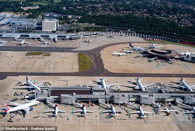 The plane was due to land at London Gatwick (pictured) but had to land at Bari airport in Italy.