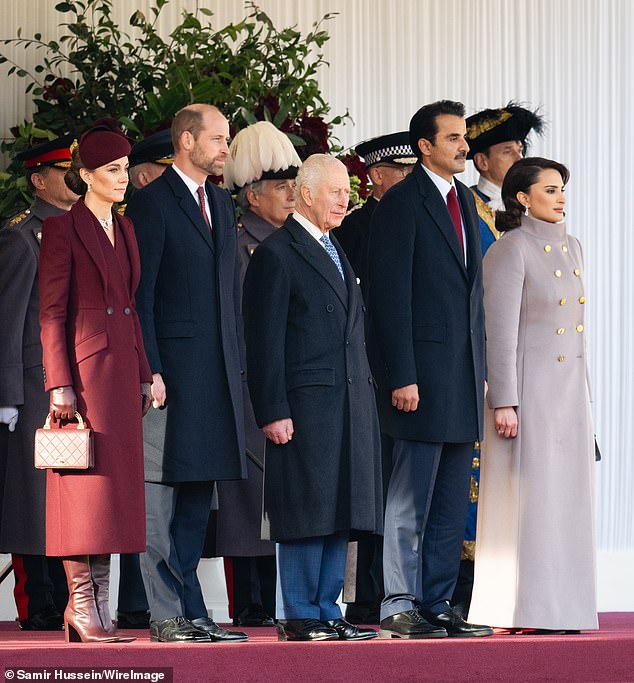 The Royal Family was out in full force today to welcome the Emir of Qatar, Sheikh Tamim bin Hamad Al Thani, and his wife, Sheikha Jawaher (pictured, left to right: The Princess of Wales, Prince William, King Charles, the Emir of Qatar, Sheikh Tamim bin Hamad Al Thani, and his wife, Sheikha Jawaher)