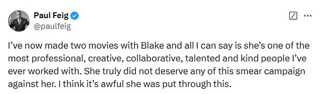 Director Paul Feig, who worked with Lively on A Simple Favor and its sequel, also spoke out in Lively's favor.