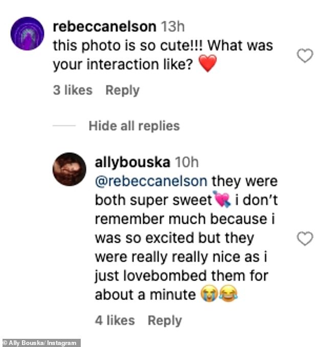 After a fan asked Ally about her interaction with the famous couple, she commented: 