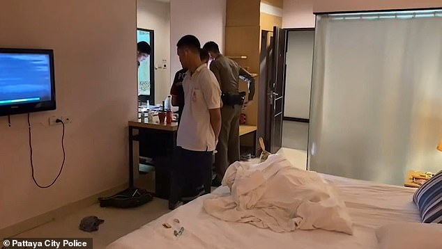 Pattaya City police found white powder and a glass pipe on a table near Josh's body (above) in the early hours of October 30.