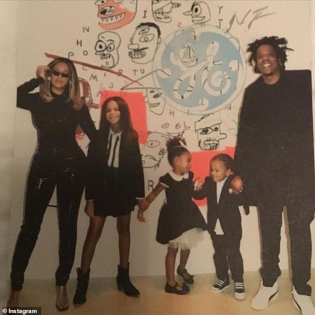 Beyoncé and Jay-Z married in 2008 and share three children: Blue Ivy, 12, and twins Rumi and Sir, seven. The family appears in the photo in 2021.