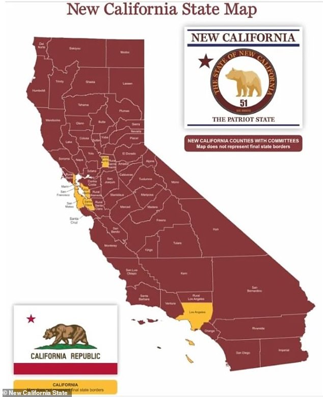 In the photo: The state of New California would have all the land in red. The original California is yellow and includes most of Los Angeles County, parts of Sacramento County, and parts of the San Francisco Bay Area