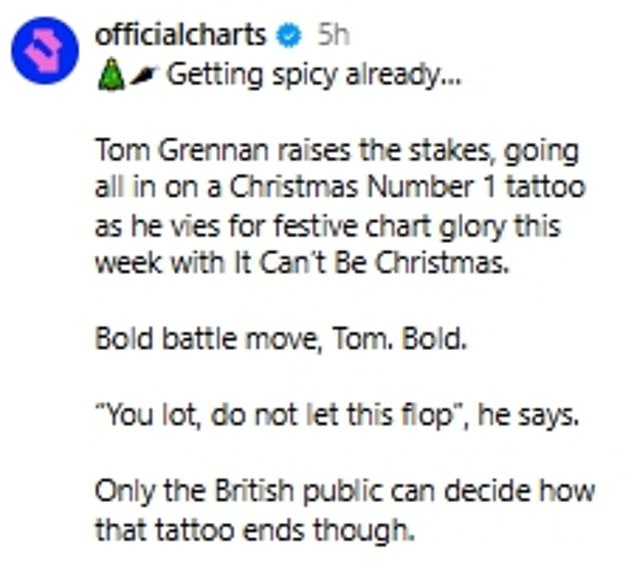 British singer shows off his crazy Christmas number 1 tattoo