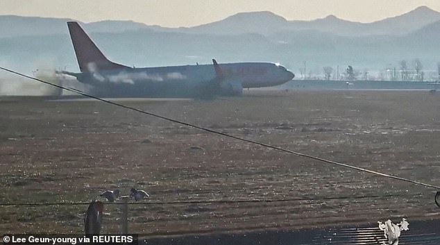 Jeju Air Flight 7C2216 emits black smoke as it skids off the runway before crashing at Muan International Airport in Muan, South Korea.