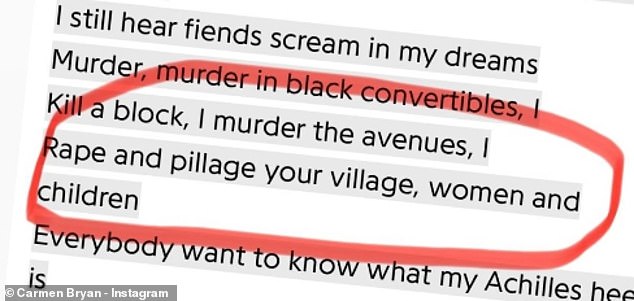 Breaking her silence over Jay-Z's rape allegations on Monday, Carmen took to Instagram with a screenshot of the lyrics to Jay-Z's verse on Kanye West's song Monster.