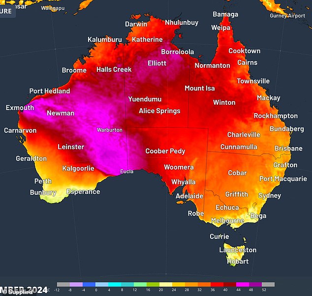 Temperatures are expected to be between 20 and 20C, with Adelaide set to have Australia's highest temperature of 35C (pictured, heat map from Wednesday).