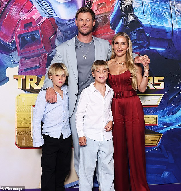 Chris and Elsa (pictured with their twin children Tristan and Sasha) live in Byron Bay in a sprawling $30 million eight-bedroom mansion that sits on a massive 10-acre plot of land in Broken Head.