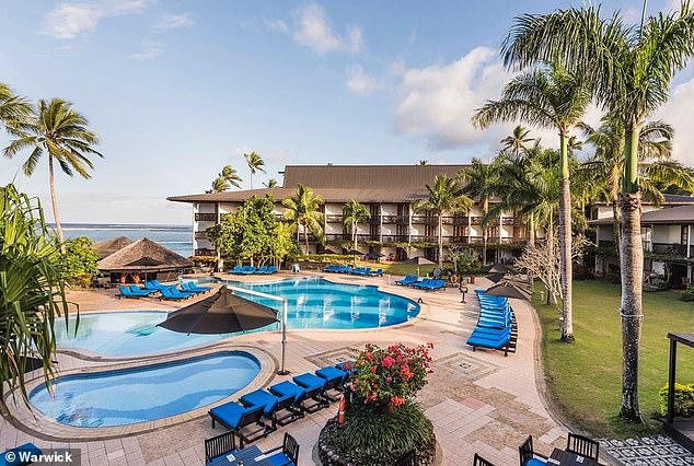 Six people, four of them Australian, were hospitalized after drinking cocktails poolside at the Warwick Fiji resort (pictured) in the south of the main island of Fiji on Saturday night.