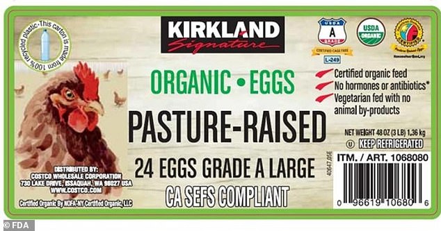 The 24-count organic pasture-raised eggs with UPC number 9661910680 are packaged in plastic egg cartons labeled with the Kirkland signature on the top.