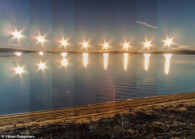 During summer in the Southern and Northern Hemispheres, the sun remains visible all day, including at midnight - a phenomenon called 'the midnight sun'. Pictured: Multiple exposure of the midnight sun on Lake Ozhogino in Yakutia, Russia