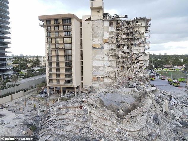 Concerns about Florida's high-rise buildings were dramatically expressed three years ago when a devastating tragedy rocked the picturesque skyline after a 12-story apartment building in Miami collapsed, killing 98 people. Pictured: Miami Beach's Champlain Tower South after its partial collapse in 2021