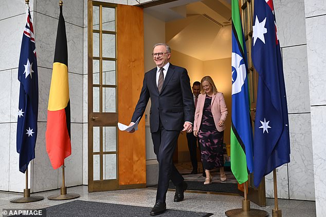 Anthony Albanese (pictured) has displayed the Aboriginal and Torres Strait Islander flags alongside the Australian flag at press conferences since becoming prime minister in 2022.