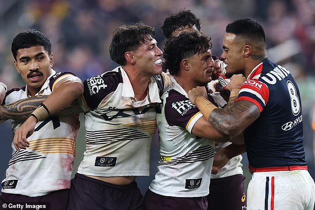 Fans noticed that Spencer Leniu (pictured far right) was banned for eight weeks after he allegedly racially abused the Broncos playmaker in the first round this season.