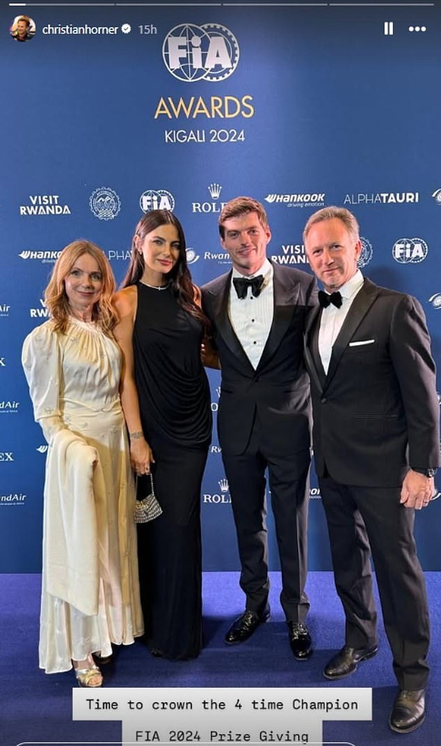 Geri wore an elegant long-sleeved dress that featured delicate diamond details and paired the look with open-toed silver wedges, while Christian looked dapper in a tuxedo.