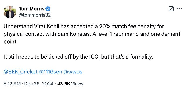 Journalist Tom Morris stated that Virat Kohli had accepted a fine of 20 percent of the match fee.