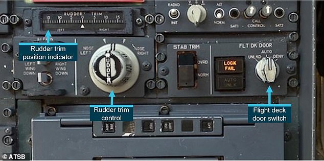 The flight deck door switch and rudder trim control are similar in operation and are located near each other on the flight deck aisle support panel, between two seats (pictured) .