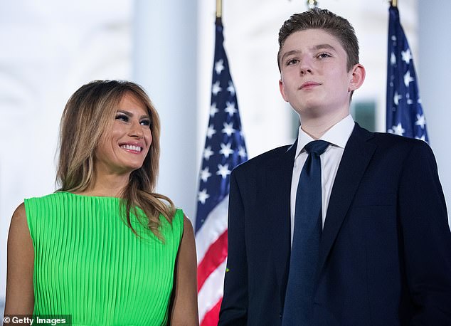 Melania, shown above in August 2020 with her son Barron Trump, appears to have thinner hair than in other photos.