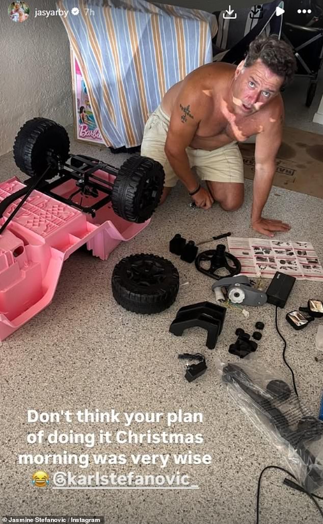 She posted a photo of a stressed-looking Karl trying to put together a pink Barbie car for Harper, since he made a rookie mistake and only put it together on Christmas morning.