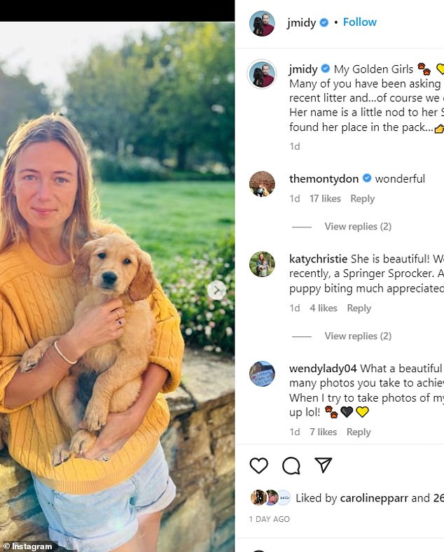 James Middleton shared an image of his wife Alizee Thevenet cuddling their new puppy Isla and dog Mabel and captioned it: 