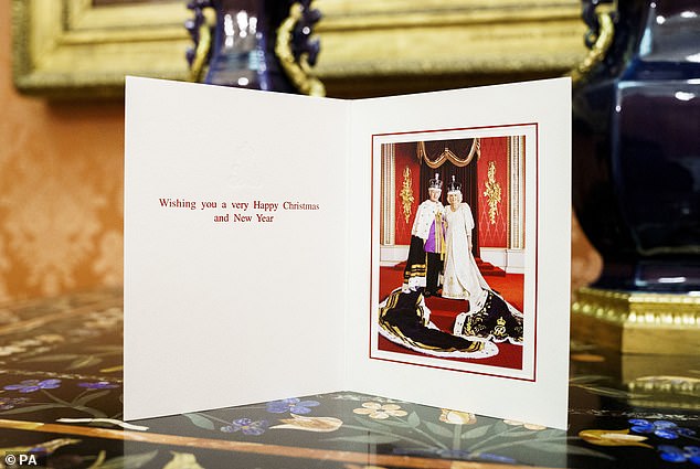 The King and Queen's Christmas card for 2023 shows Charles and Camilla inside Buckingham Palace shortly after the coronation in May.