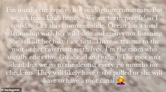 Lala explained that her daughter damaged her teeth after falling face-first off a bicycle and noted that she may need a root canal.