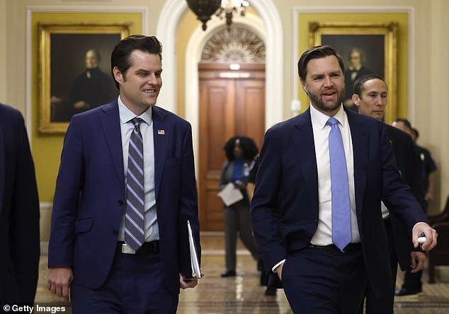 Former Rep. Matt Gaetz (L) walks with newly elected Vice President JD Vance (R) as they arrive for meetings with senators at the U.S. Capitol on Nov. 20, a day before Gaetz withdrew his name as Trump's attorney general.