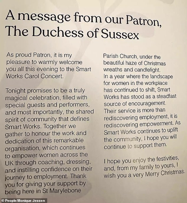 Meghan's comments were shared in the program of British charity Smart Works' carol service at St Marylebone Parish Church on Tuesday.